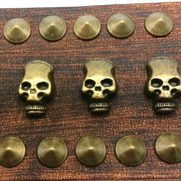 Skull and Spiked Brown Leather Bracelet-New 9 Inches Unisex - Picture 3 of 8